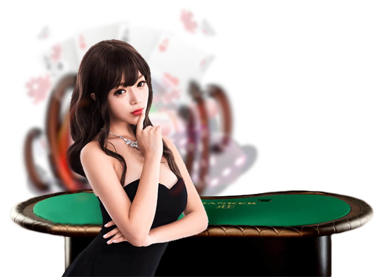 girl posting in front of baccarat table